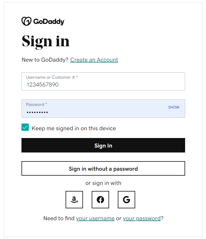 GoDaddy Customer Number and Password